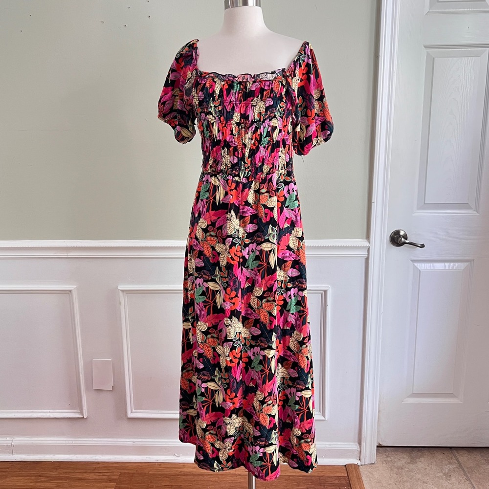 Tropical Floral Smocked Maxi Dress Women‎ S Puff Sleeve Square Neck Black Pink